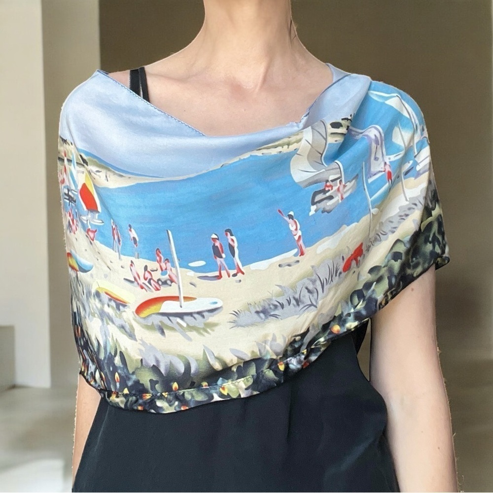 Silk Scenic Beach Print Oblong Scarf Headscarf